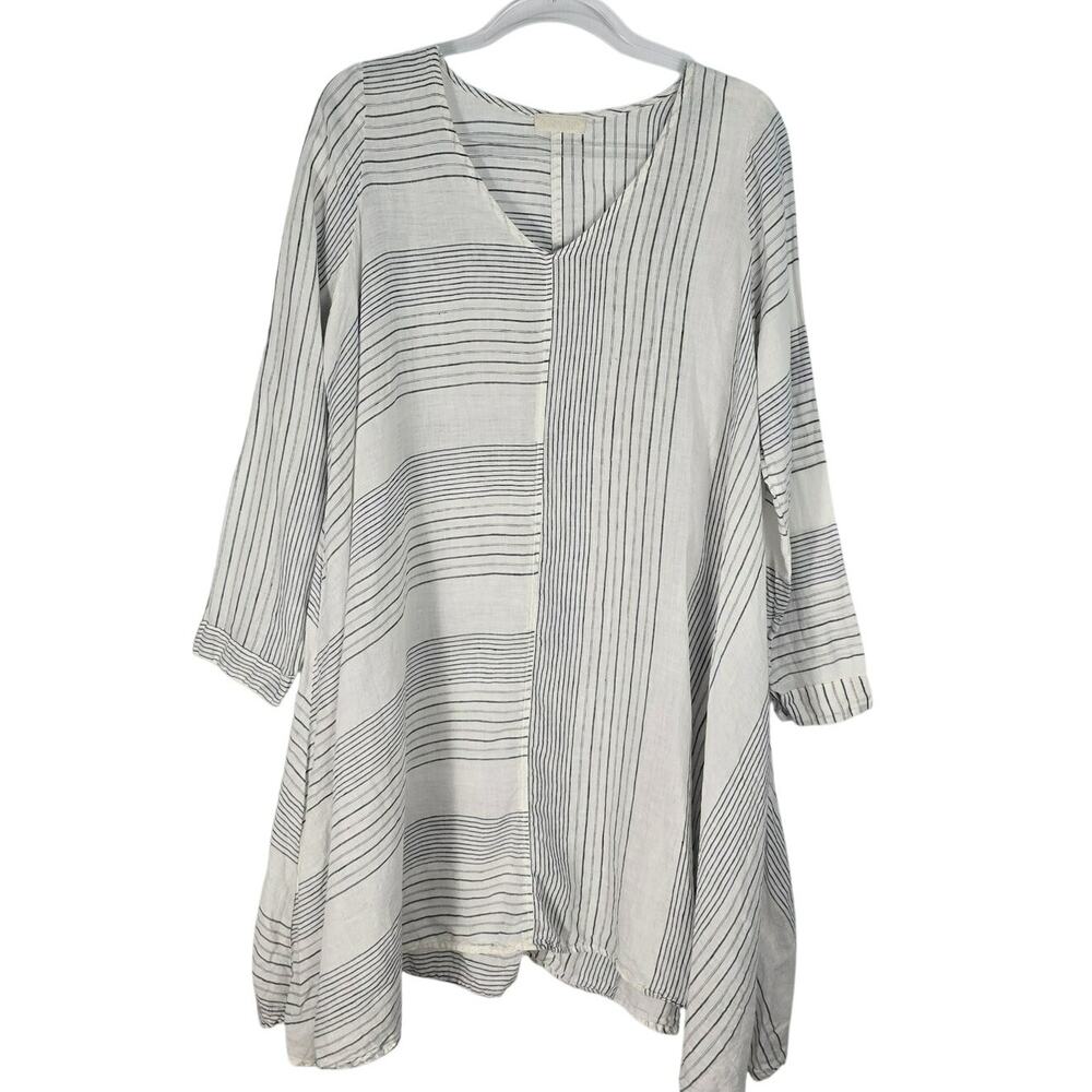 CP Shades Linen Oversized V Neck Dress Tunic Coastal White Blue Stripe Shift S